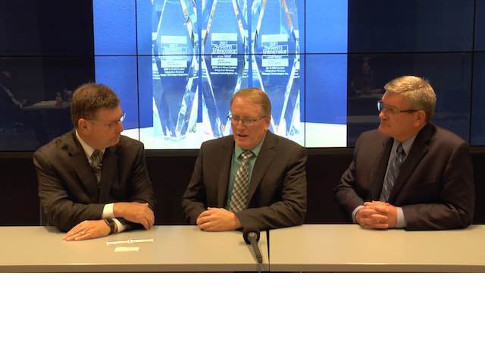 Plant Engineering content manager Bob Vavra (left) discussed with Jack Woelber (center), president of Interstates Control Systems, and Jeff Miller, director of project management, how Interstates Control Systems continues its growth pattern and how that r