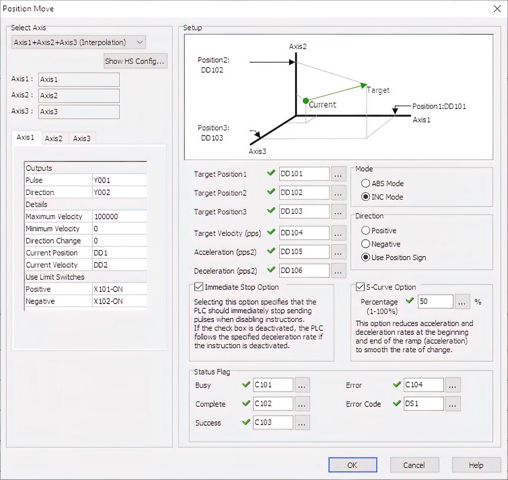 Figure 3: The position move instruction depicted here makes it straightforward for users to implement synchronized two-axis or three-axis combined movements with a micro-PLC, which are needed for many common machine automation applications. Courtesy: AutomationDirect