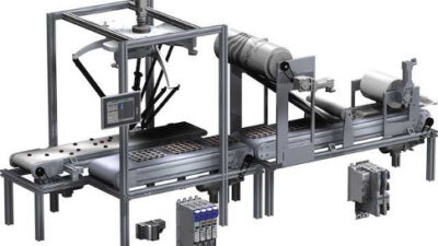 Figure 1: This illustration of a controller-based, flow-packer machine shows a delta-type robot picking products from an incoming belt conveyor and organizing them on an outgoing belt conveyor. Courtesy: Lenze Americas