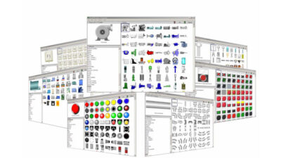 Figure 1: HMI development environments typically provide many design elements representing physical devices, such as valves and pumps, and logical devices, like analog meters. Some samples of the AutomationDirect C-more development software are shown here. Courtesy: AutomationDirect