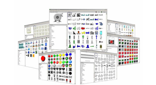 Figure 1: HMI development environments typically provide many design elements representing physical devices, such as valves and pumps, and logical devices, like analog meters. Some samples of the AutomationDirect C-more development software are shown here. Courtesy: AutomationDirect