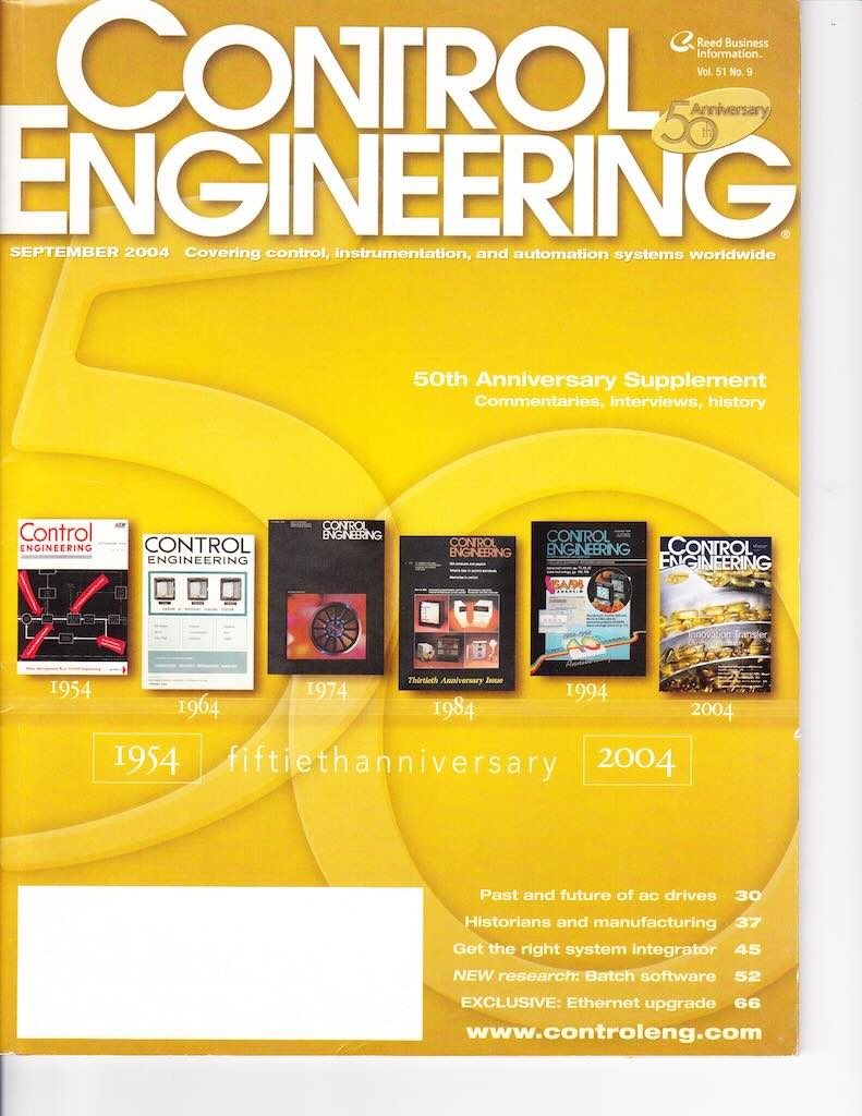 Control Engineering began in September 1954 as part of McGraw-Hill and is in its 70th year; 50th anniversary cover shown first cover with key anniversaries. 