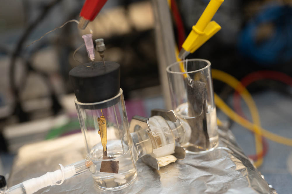 Rice University engineers have designed a catalyst of ruthenium atoms in a copper mesh to extract ammonia and fertilizer from wastewater. The process would also reduce carbon dioxide emissions from traditional industrial production of ammonia. Photo by Jeff Fitlow. Courtesy: Rice University.