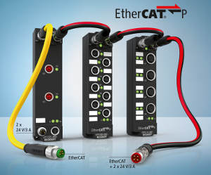 Beckhoff's EtherCAT P solution has communication and power supply in a 4-wire Ethernet cable that enables direct power supply for both EtherCAT P slaves and the connected sensors and actuators. Courtesy: Beckhoff
