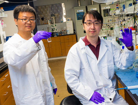 Rice postdoctoral fellow Zhen-Yu Wu, left, and graduate student Feng-Yang Chen show the products of their high-performance nanowire catalyst, which has the ability to pull ammonia and solid ammonia (fertilizer) from nitrate, a common contaminant in industrial wastewater and polluted groundwater. Photo by Jeff Fitlow. Courtesy: Rice University.
