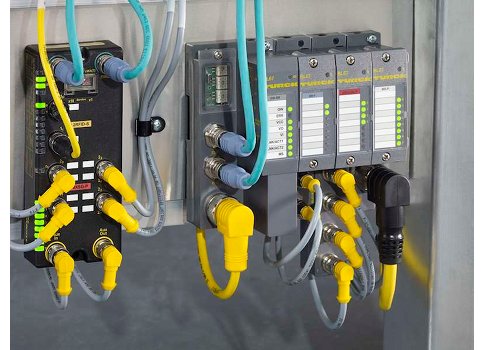 Manufacturing Ethernet setups can be flexible based on plant needs, as shown here. But regardless of how the network is set up, make sure to use shielded Ethernet cables (shown in blue) and round M12 D-Coded connectors. These products are made with manufa