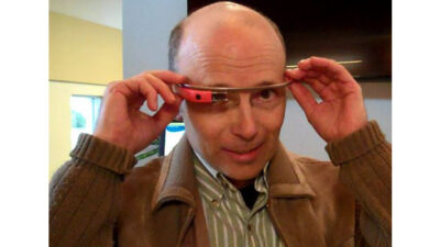 Mark T. Hoske, Control Engineering content manager, tries Google Glass at Gail Borden Public Library. Courtesy: CFE Media
