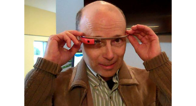 Mark T. Hoske, Control Engineering content manager, tries Google Glass at Gail Borden Public Library. Courtesy: CFE Media