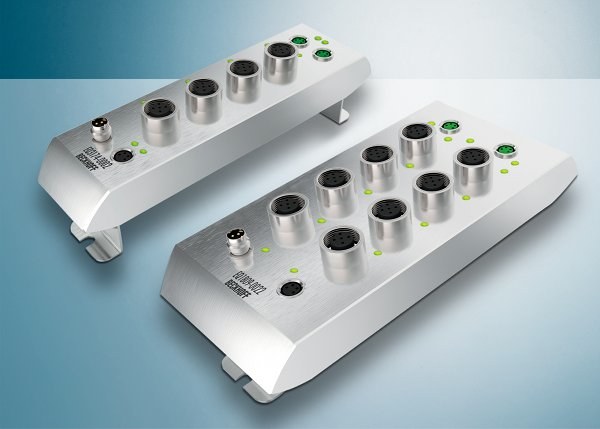 The Beckhoff EQxxxx stainless steel EtherCAT Box I/O modules with IP 69K protection are designed for direct use on machines in areas with strict hygienic requirements. Courtesy: Beckhoff