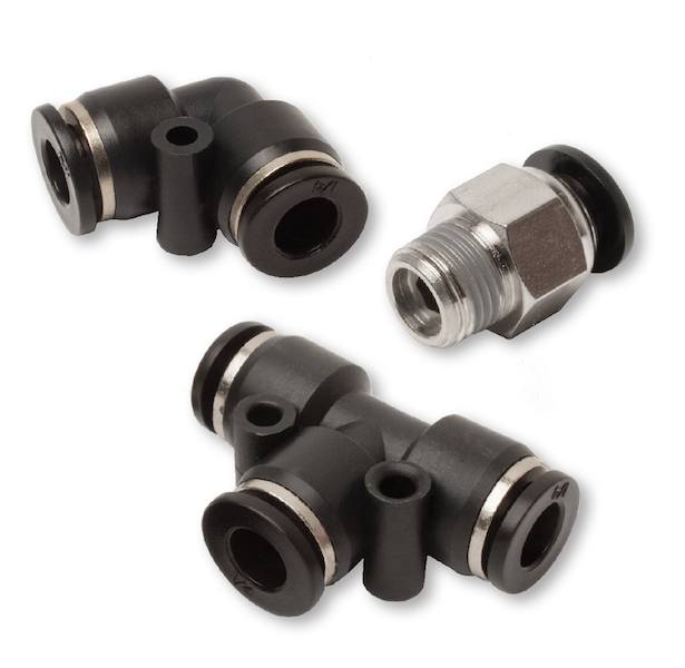 Bimba's line of composite push-to-connect fittings combines plastic with existing metal barbed fittings and includes union branches and tube-to-stem elbow reducers. Courtesy: Bimba