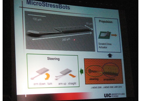Dr. Igor Paprotny, assistant professor, University of Illinois at Chicago, spoke at Sensors Expo on June 25, explaining how “MicroStressBots” use a powered substrate for motion. Slide shows the rectangular shape (160 x 60 microns) with a leg with a circle