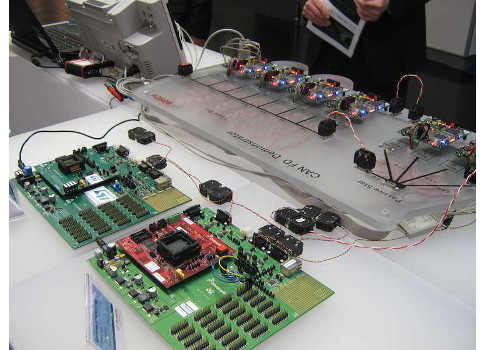 Figure 1: The CAN FD demonstrator comprised several CAN FD prototype boards based on the FPGA by Bosch and two evaluation boards by Freescale and ST-Microelectronics. Courtesy: Holger Zeltwanger