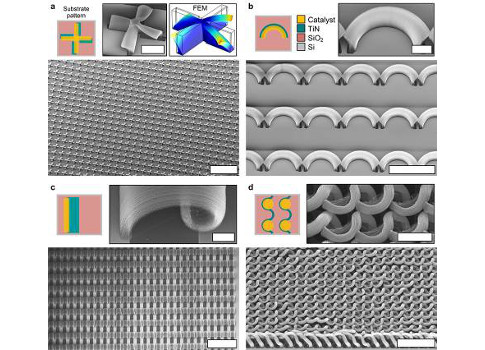 Figure 2: By printing different patterns on the substrate, this technique can produce a wide variety of complex 3-D shapes. In these images, the initial printed pattern is shown in diagram form (top left), followed by scanning electron microscope (SEM) im