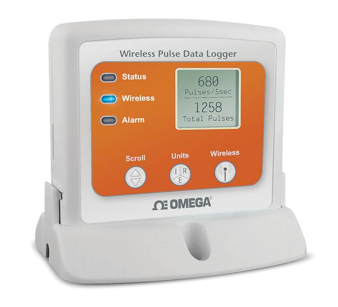 Omega Engineering's OM-CP-RFPULSE2000A is a wireless data logger that records pulse output signals from sensors like flow meters and anemometers and has a digital display that shows the recorded data in real time. Courtesy: Omega Engineering