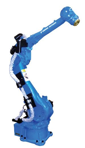 The MH50 II-series robots by Yaskawa Motoman have a flexible design and are designed for processing large parts and the extended reach models can eliminate the need for an external track in many cell layouts. Courtesy: Yaskawa Motoman