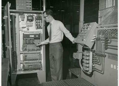 In April of 1968, a young Hydra-Matic engineer, Dave Emmett, proposed the development of what he called a “Standard Machine Controller.” The controller he envisioned would replace the relay systems that controlled machine operations. Courtesy: RedViking