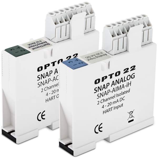 Opto 22's SNAP-AIMA-iH and SNAP-AOA-23-iH two-channel analog input and output modules use HART communications to extract status, diagnostics, and other information to increase uptime, improve productivity, and enhance safety. Courtesy: Opto 22