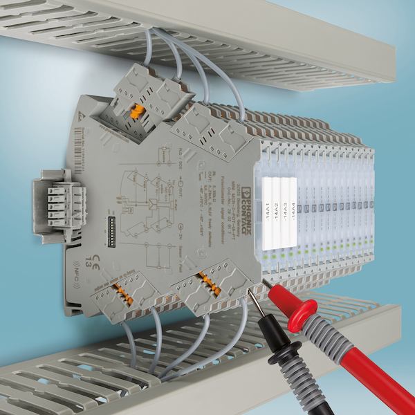 Phoenix Contact's MINI Pro signal conditioners are 6.2 mm wide and have multiple configuration options, including a DIP switch, PC programmability, or an Android app. Courtesy: Phoenix Contact