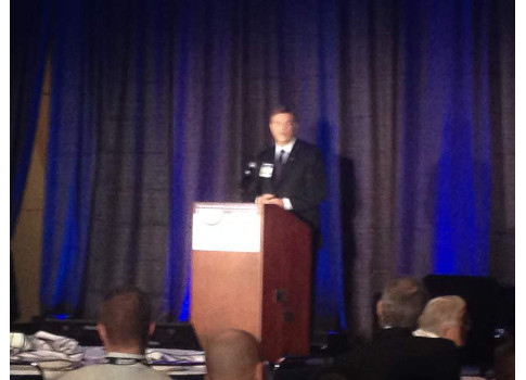 Dr. Greg Hyslop, vice president and general manager for Boeing Research & Technology, at the TRAM Aerospace Conference at IMTS 2014 in Chicago, Ill, presents on composite manufacturing and its future in the aerospace industry. Courtesy: Control Engineerin
