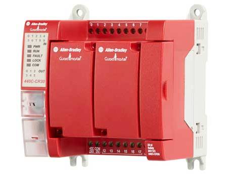 Rockwell Automation safety solutions include the Allen-Bradley Guardmaster 440C-CR30 configurable safety relay (shown). These relays are configured via the Connected Components Workbench software from Rockwell Automation and can be used in conjunction wit