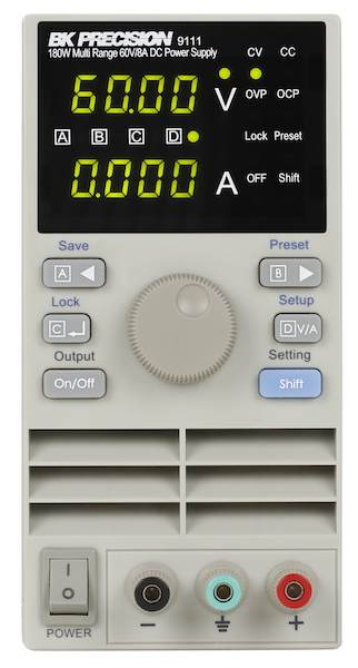 B&K Precision's model 9111 multi-range DC power supply features constant voltage (CV) and constant current (CC) modes and is designed for a wide variety of uses in electronics manufacturing, service and repair, and engineering labs. Courtesy: B&K Precisio