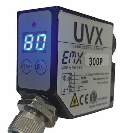 The UVX-300P Sensor by EMX Industries is designed detects the presence of phosphorescent materials and pigments and is able to quantify light output of phosphorescent additives used in paints, adhesives, films, security inks and plastics. Courtesy: EMX In