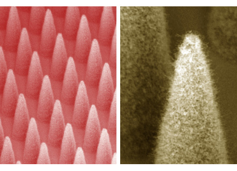 Figure 1: At left is a dense array of electrospray emitters (1,900 emitters in 1 centimeter square). At right is a close-up of a single emitter, covered by a forest of carbon nanotubes. Courtesy: Journal of Microelectromechanical Systems/colorized by MIT
