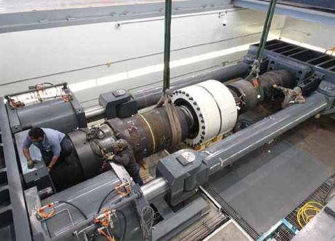 Figure 1: The Dril-Quip test stand uses two large hydraulic cylinders, mounted horizontally, to apply large amounts of bending and tension force to an assembled pipe stand (center). Courtesy: Delta Computer Systems Inc.