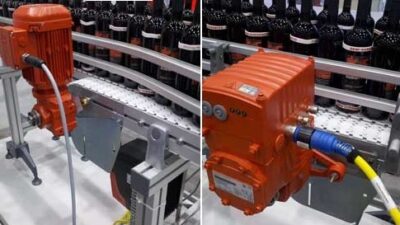 Before: A wine bottle conveyor demonstrated by SEW Eurodrive at Pack Expo 2014 shows a traditional, not-so-efficient design uses a motor atop a gear reducer (left), with the drive below the line (bottom) and After: an integrated electronic drive, permanen