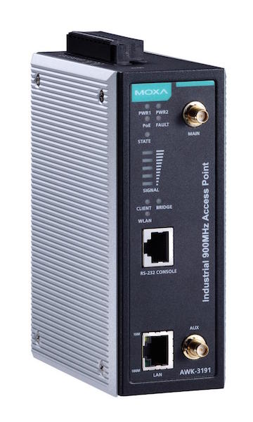 Moxa's AWK-3191 is a 900 MHz wireless access point/bridge/client designed to support data rates of up to 54 Mbps and distances up to 30 km line-of-sight for industrial users in harsh industrial conditions. Courtesy: Moxa