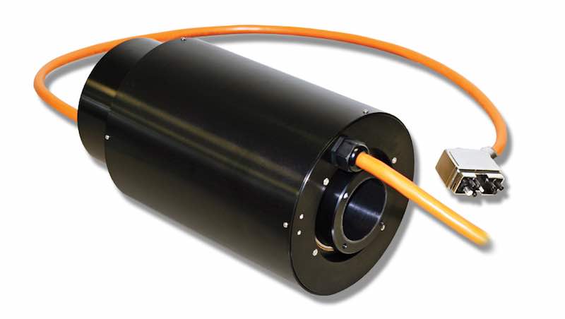 Moog's AC7257 slip ring has a through-bore model that provides power and signal communications and is designed for applications like packaging systems, machine tools, and work centers. Courtesy: Moog Inc.