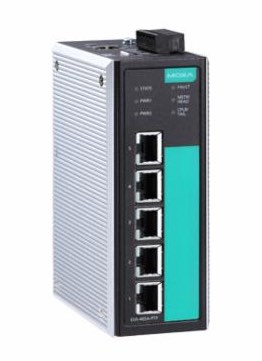 The EDS-405A-PTP Ethernet Switch by Moxa has five ports and uses hardware-based time sync of all connected devices distributed over Ethernet networks to sub-microsecond accuracy. Courtesy: Moxa