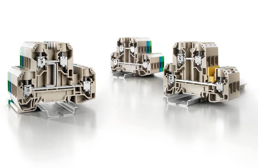 Weidmuller's WDK 10 dual-level power terminal series is designed for use in machinery, process, and power generation applications and have high wiring densities in screw terminals for power distribution applications requiring 6AWG conductors. Courtesy: We