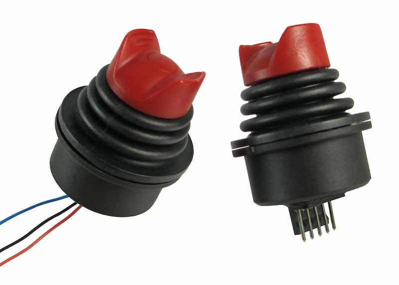 Apem's FR Series is a single axis three-position hall effect thumb control operates from a 5VDC supply and provides an analog voltage output at each detent location. Courtesy: Apem