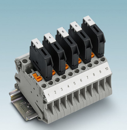 Phoenix Contact’s line of screw-clamp terminal blocks—the UT 4-MT-EX, UT 4-TG-EX, and UT 6-TG-EX—have pluggable fuse and knife disconnect terminal blocks and are designed for control applications throughout the process industry. Courtesy: Phoenix Contact