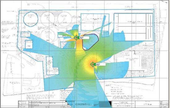 Figure 2: Predictive map of WiFi coverage at the Stamford Water Pollution Control Authority showed anticipated signal strength with wireless access point (AP) locations and facility layout. Courtesy: SWPCA