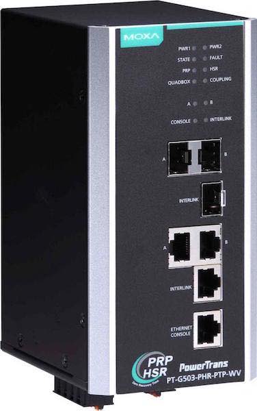 Moxa's PT-G503-PHR-PTP series of RedBoxes are compliant with the new IEC 62439-3 Clause 4 (PRP) and Clause 5 (HSR) standards and also support coupling and quadbox redundant protocols. Courtesy: Moxa
