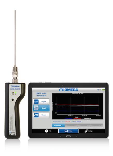 Omega's UWBT series is designed to measure different sensor inputs such as thermocouple, RTD, relative humidity, and pH and transmits the data to the user's Smartphone or tablet via wireless Bluetooth communication. Courtesy: Omega Engineering