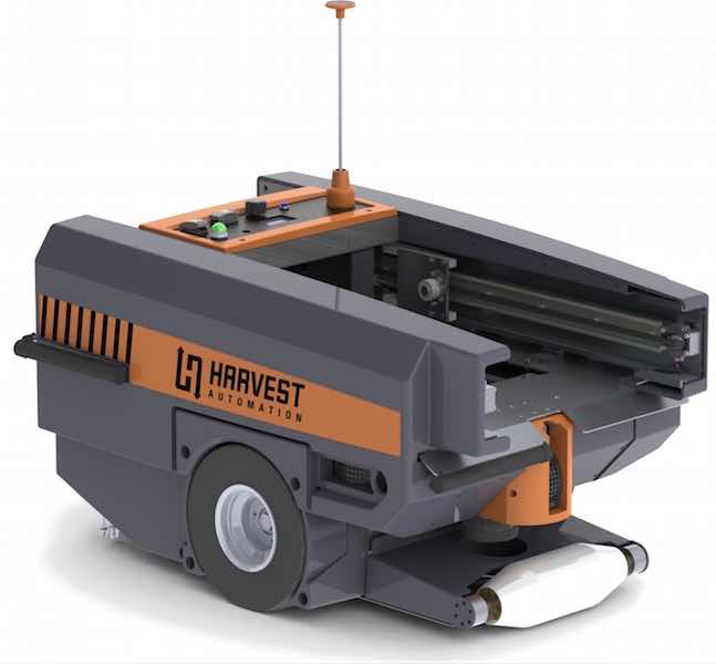 The TM-100 robot from Harvest Automation is a mobile autonomous material handling platform engineered for distribution and fulfillment operations and is designed to integrate seamlessly with the user's current operation and existing workforce. Courtesy: H