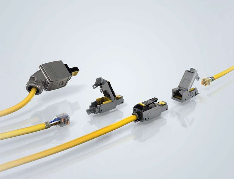 Harting's Ha-VIS preLink is an Ethernet cabling system for industrial applications and is designed for installations in cramped spaces or junction boxes. Courtesy: Harting