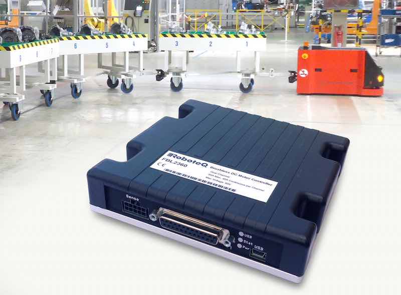 Roboteq's FBL2360 is a controller capable of simultaneously driving two brushless DC motors up to 60 A each at up to 60V and is designed to be used with automatic guided vehicles (AGV's), warehouse automation robots, or any other high power brushless moto