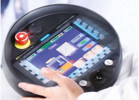 Siemens Simatic Mobile Panel, a circular HMI, designed for local operation and monitoring tasks, is said to be easy to hold for a long time. The portable wireless panel provides maximum mobility for wireless HMI. Courtesy: EAO
