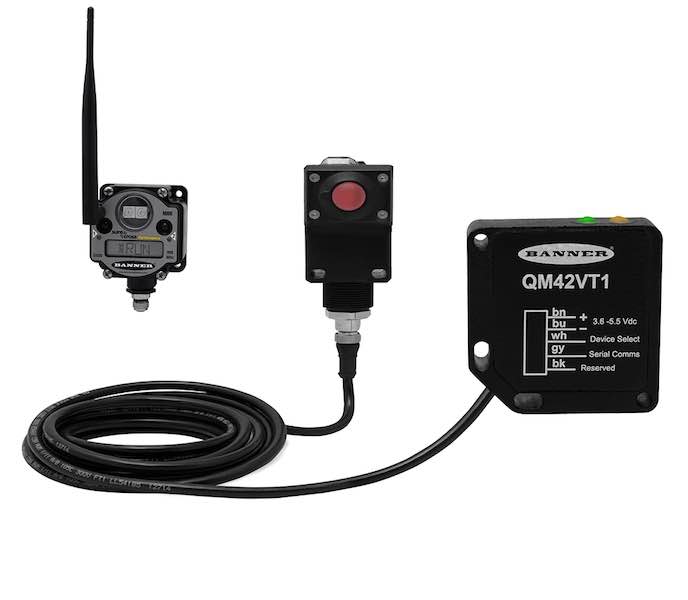 Banner Engineering's wireless vibration and temperature sensor is designed to monitor applications such as motors, pumps, blowers and many other types of machines for increases in vibration and temperature. Courtesy: Banner Engineering