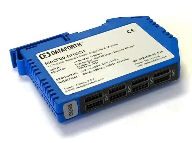Dataforth’s MAQ20-BRDG1 strain gage input module provides 4 channels of strain gage input that can interface to quarter, half, or full-bridge sensors using either a 4- or 6-wire connection. Courtesy: Dataforth
