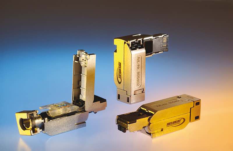 Helukabel's Helukat RJ45 Cat5 IP20 Profinet plug connector has built-in connection technology and a linear and angled design that makes it useful for tight installation spaces in industrial applications. Courtesy: Helukabel