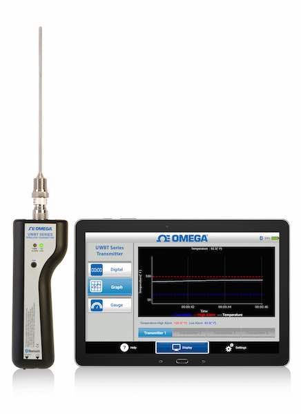 Omega Engineering's UWBT Series of Bluetooth transmitters measures different sensor inputs such as thermocouple, RTD, relative humidity, and pH and transmits the data to the user's smartphone or tablet via wireless Bluetooth communication from the UWBT iO