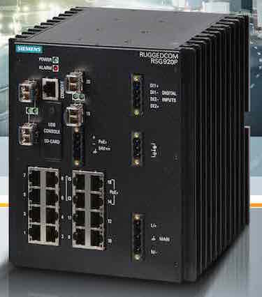 Siemens' Ruggedcom RSG920P is a high port density Ethernet switch designed to withstand extreme temperature, vibration, and shock in industrial applications such as transportation systems and oil and gas. Courtesy: Siemens