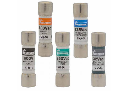 Eaton’s Bussmann series Fuses Made Simple program helps make it easier to identify the right device by clearly indicating the voltage and interrupting rating on the fuse label. The voltage rating is easily identified by both the color code and large print