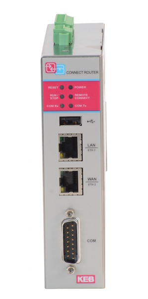 KEB America's Ethernet-based C6 Router comes with WAN, LAN, USB and serial interfaces, and digital I/Os and is designed for hard-to-access installations such as wastewater treatment, oil and gas, and wind turbines. Courtesy: KEB America