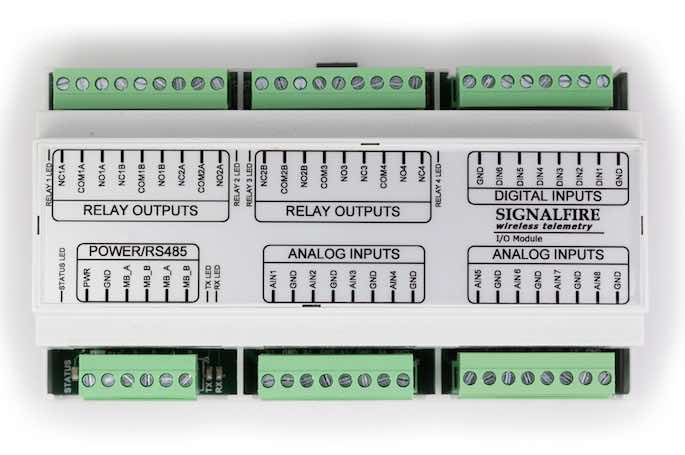 SignalFire's Multi Input/Output (MIO) Module is designed to connect directly via Modbus with programmable logic controllers (PLCs) or be configured to perform autonomous local control where an input can trigger a relay output when a set threshold is met.